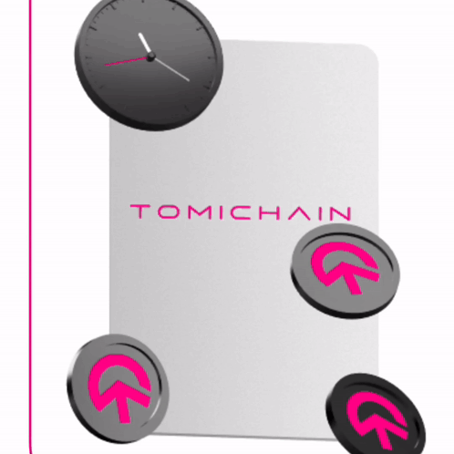 A Clock And Some Coins Are On A Tomichain Sign GIF