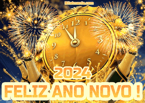 A Clock That Says Feliz Ano Novo Is Surrounded By Champagne Bottles GIF