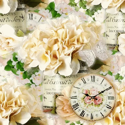 A Clock With Roman Numerals Is Surrounded By Flowers And A Bottle That Says " Savon Aquis " GIF