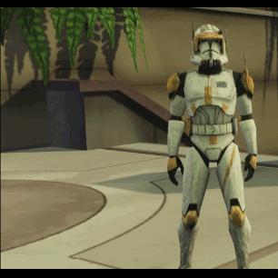 A Clone Trooper In A Video Game Is Standing In A Courtyard GIF