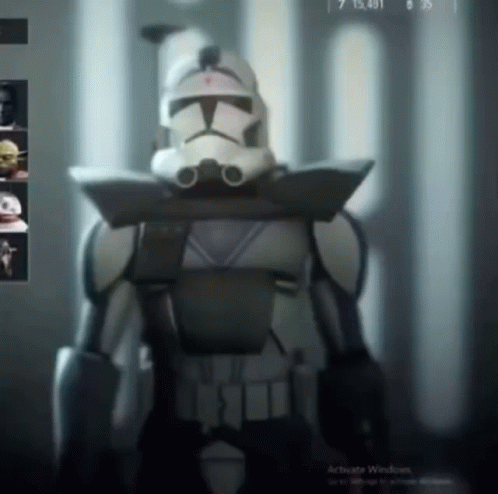 A Clone Trooper Is Standing In Front Of A Window That Says " Activate Windows " GIF