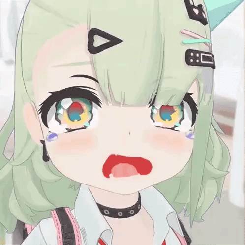 A Close Up Of A 3D Anime Girl With Green Hair And A Choker . GIF