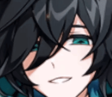 A Close Up Of A Anime Character 'S Face With Blue Eyes And Black Hair . GIF
