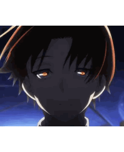a close up of a anime character 's face with red eyes