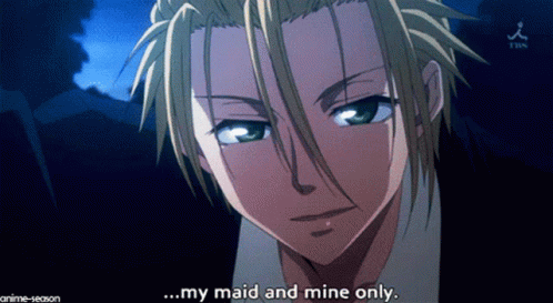 A Close Up Of A Anime Character With The Words " My Maid And Mine Only " On The Bottom GIF
