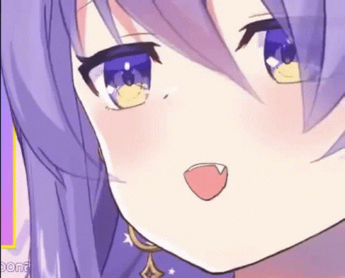 A Close Up Of A Anime Girl 'S Face With Purple Hair And A Red Tongue Sticking Out . GIF