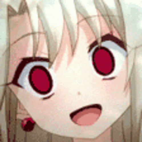A Close Up Of A Anime Girl 'S Face With Red Eyes And A Surprised Look On Her Face . GIF