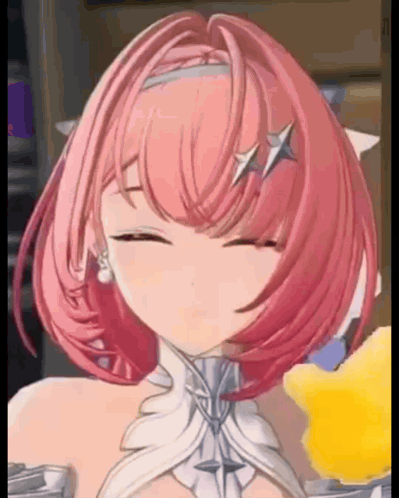 A Close Up Of A Anime Girl With Pink Hair And A White Dress . GIF