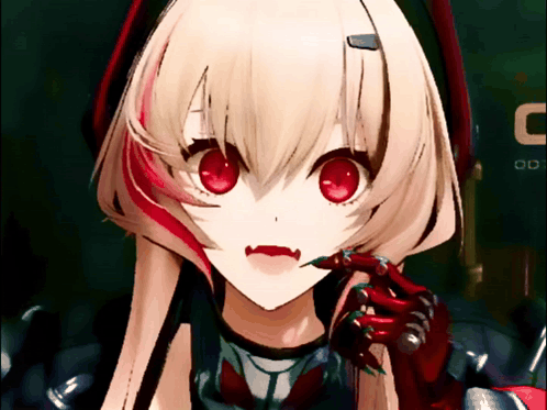 a close up of a anime girl with red eyes