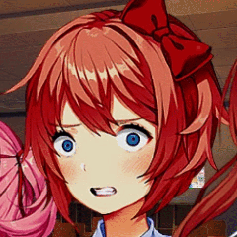 A Close Up Of A Anime Girl With Red Hair And Blue Eyes Making A Surprised Face . GIF