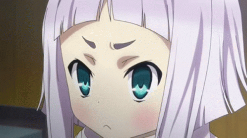 A Close Up Of A Anime Girl With White Hair And Blue Eyes Making A Funny Face . GIF