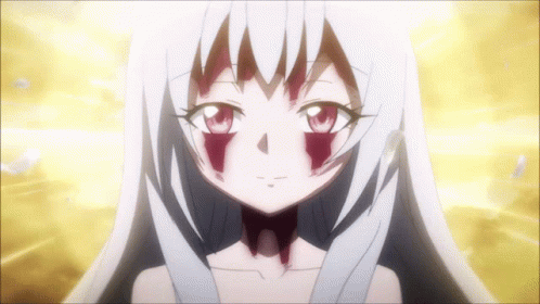 A Close Up Of A Anime Girl With White Hair And Red Spots On Her Face GIF