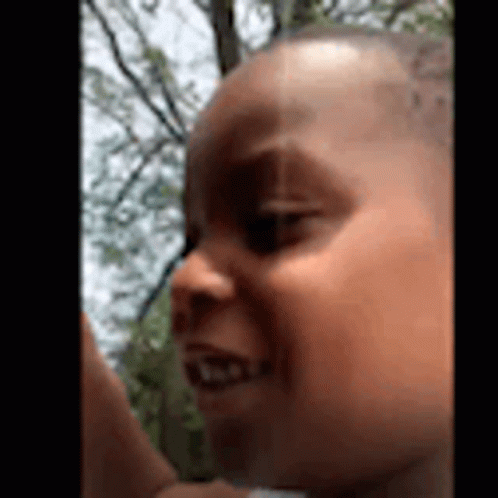 A Close Up Of A Baby 'S Face With Trees In The Background And A Blurred Background . GIF