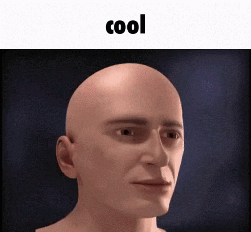 A Close Up Of A Bald Man 'S Face With The Words `` Cool '' Written Above It . GIF