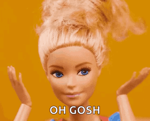 a close up of a barbie doll 's face with the words oh gosh written on it