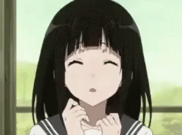 A Close Up Of A Black Haired Anime Girl With Her Eyes Closed And A Surprised Look On Her Face . GIF