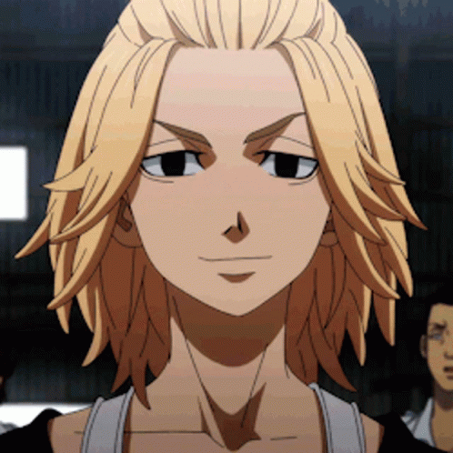 A Close Up Of A Blonde Anime Character With Black Eyes GIF