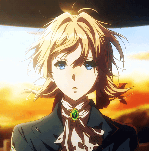 A Close Up Of A Blonde Anime Character With Blue Eyes And A Green Pendant Around Her Neck GIF