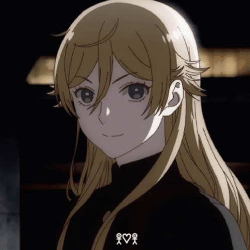 A Close Up Of A Blonde Anime Girl With A Heart And X On Her Shirt GIF