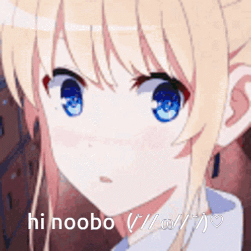 A Close Up Of A Blonde Anime Girl With Blue Eyes And The Words Hi Noobo GIF