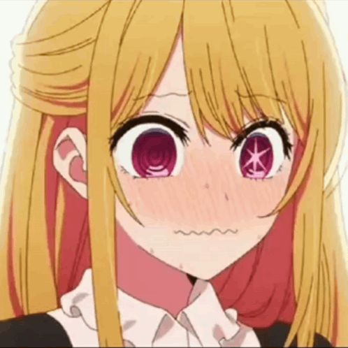 A Close Up Of A Blonde Anime Girl With Red Eyes Making A Funny Face GIF
