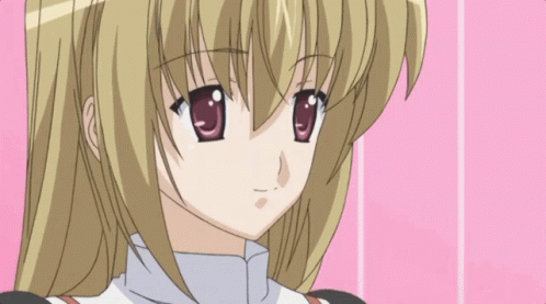 A Close Up Of A Blonde Anime Girl With Red Eyes On A Pink Background GIF