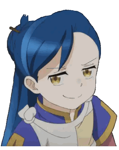 a close up of a blue haired anime character with a ponytail