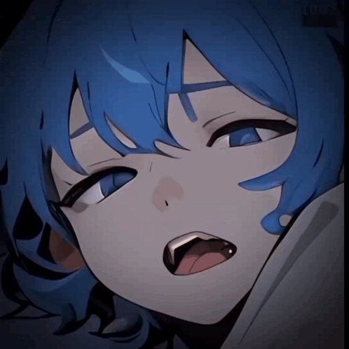 a close up of a blue haired anime character with a tongue sticking out