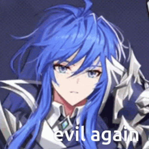 A Close Up Of A Blue Haired Anime Character With The Words Evil Again Written Below It . GIF