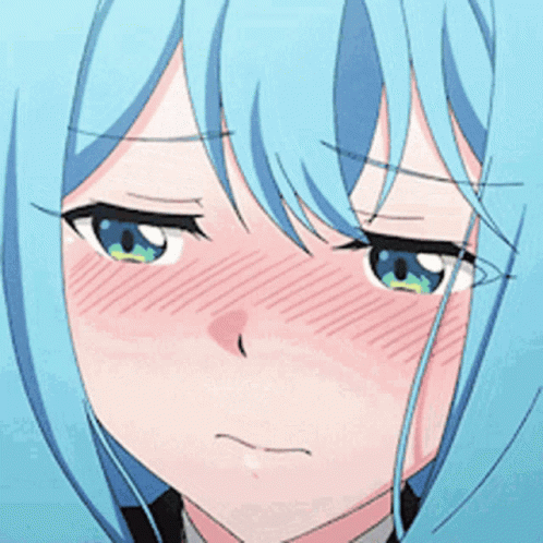 A Close Up Of A Blue Haired Anime Girl With Green Eyes GIF