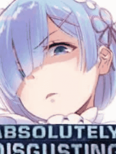 A Close Up Of A Blue Haired Anime Girl With The Words `` Absolutely Disgusting '' Written In The Corner . GIF