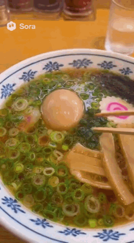 a close up of a bowl of ramen with a picture of sora on the bottom