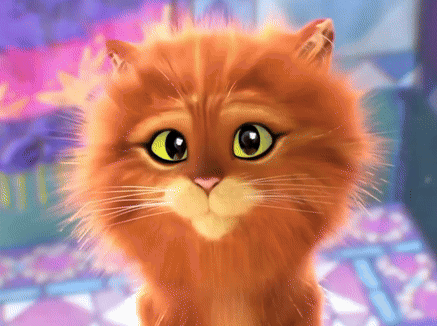 A Close Up Of A Cartoon Cat With Big Yellow Eyes GIF