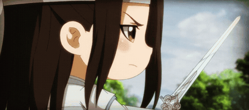A Close Up Of A Cartoon Character Holding A Sword With Trees In The Background GIF