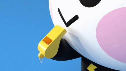 A Close Up Of A Cartoon Character Holding A Yellow Whistle In Its Mouth GIF