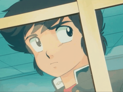 A Close Up Of A Cartoon Character Looking Out A Window With The Letter O On His Shirt GIF