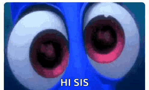 A Close Up Of A Cartoon Character 'S Eyes With The Words Hi Sis Written Below Them GIF