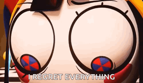 A Close Up Of A Cartoon Character 'S Face With A Caption That Says `` I Regret Everything '' . GIF