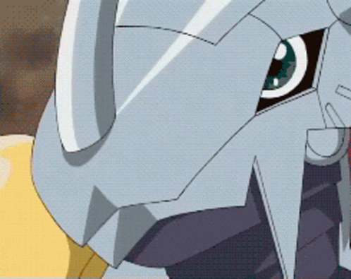 A Close Up Of A Cartoon Character 'S Face With A Gray Helmet On GIF