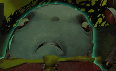 A Close Up Of A Cartoon Character 'S Face With A Green Light Behind It GIF