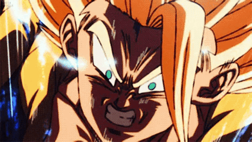 A Close Up Of A Cartoon Character 'S Face With A Lot Of Hair And A Blue Light Coming Out Of His Eyes . GIF