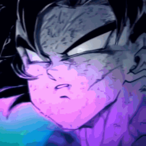 A Close Up Of A Cartoon Character 'S Face With A Purple And Blue Background GIF