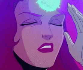 A Close Up Of A Cartoon Character 'S Face With A Purple Background And A Hand On Her Head . GIF