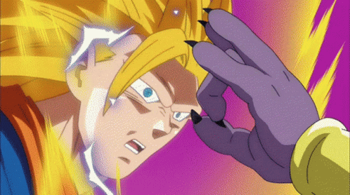 A Close Up Of A Cartoon Character 'S Face With A Purple Hand Behind It GIF