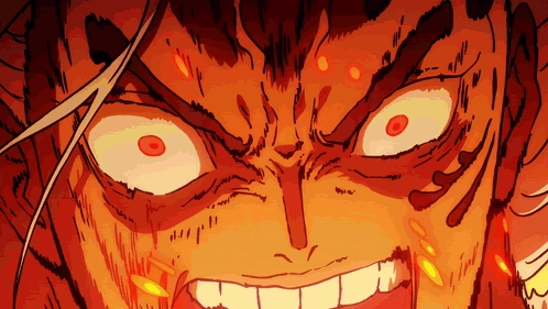 A Close Up Of A Cartoon Character 'S Face With Fire Coming Out Of His Eyes GIF