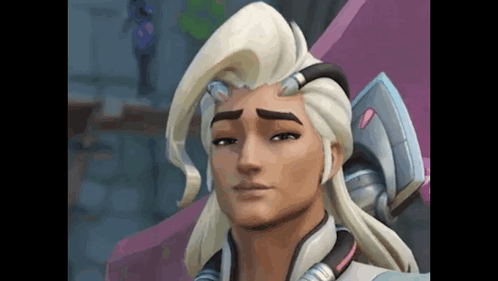 A Close Up Of A Cartoon Character 'S Face With Long White Hair And Horns . GIF
