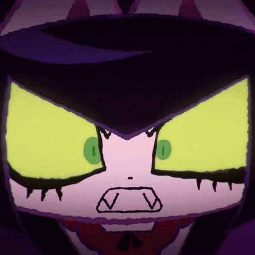 A Close Up Of A Cartoon Character 'S Face With Purple Hair And Green Eyes GIF