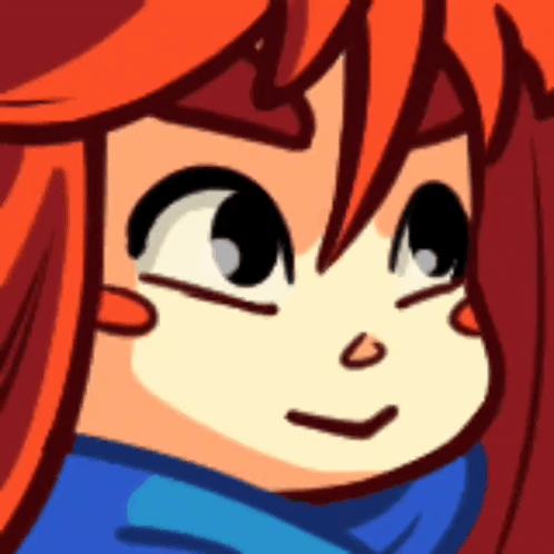 a close up of a cartoon character 's face with red hair and a blue scarf around her neck