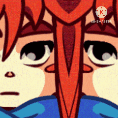 a close up of a cartoon character 's face with the letter k on the bottom right