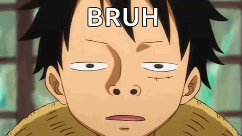 A Close Up Of A Cartoon Character 'S Face With The Word Bruh Written On It . GIF